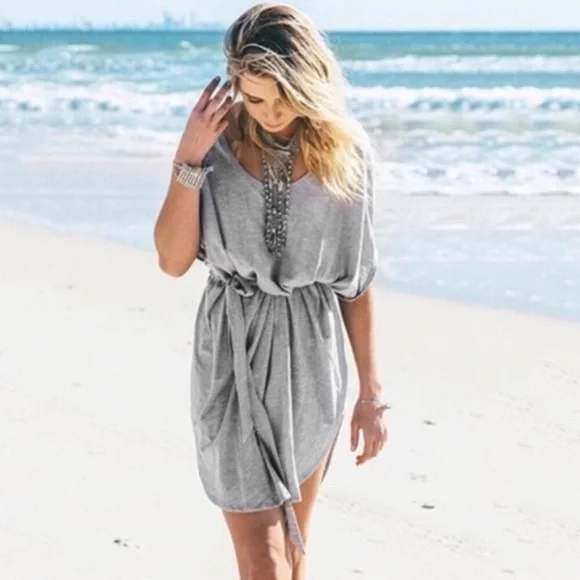 Oversized Shirttail Hem Tie Waist Shirt Dress Heather Grey - Picture 4 of 5